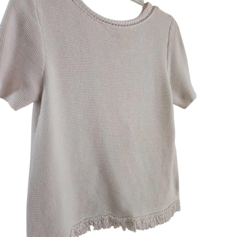 Chico's 3 Pullover Top XL White Textured Cotton Short Sleeve Fringe Hem Classic